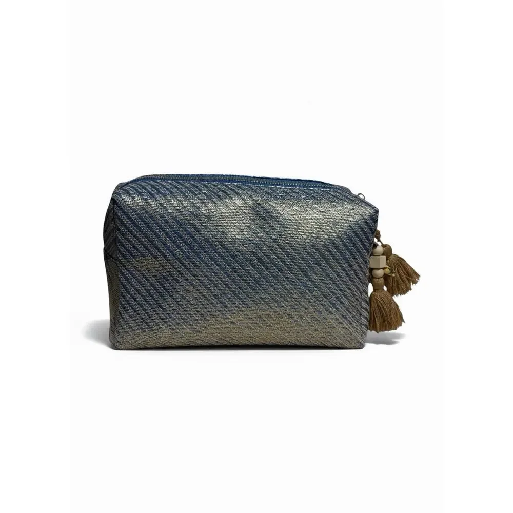 Vince Camuto Blue Gold Makeup Bag with Zipper Closure & Tassel Charm